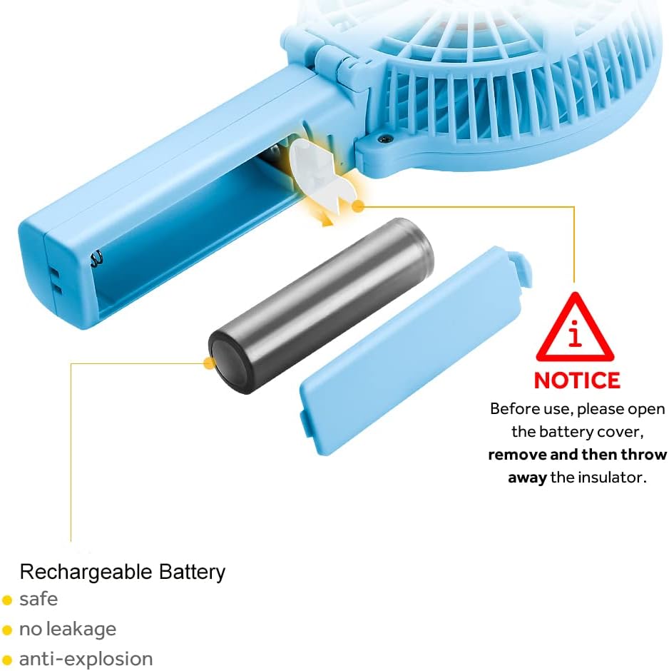 Diagram showing how to remove the insulating sheet from the battery compartment of the EasyAcc Mini Handheld Fan.
