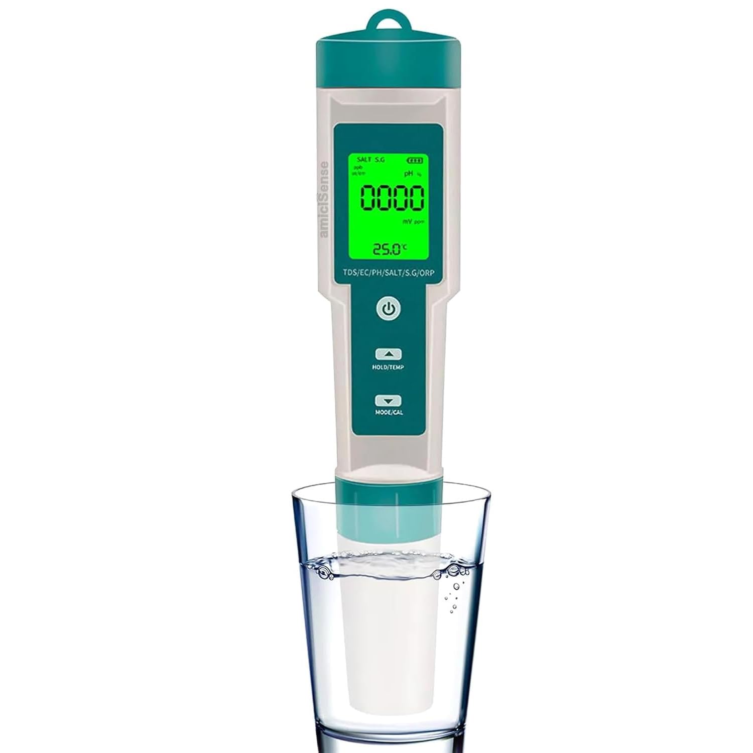 amiciSense Digital Water Quality Tester, 7 in 1 TDS Meter with EC/PH/Temperature/S.G/ORP/Salinity Test for Drinking Water Monitoring