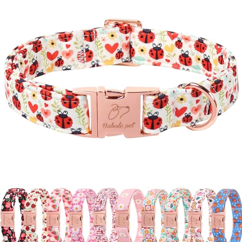 Babole Pet Cute Dog Collar for Small Dogs - Red Ladybug & Blooms Dog Collars Adjustable Heavy Duty Pet Collar for Dog Moms & Kids with Metal Buckle S