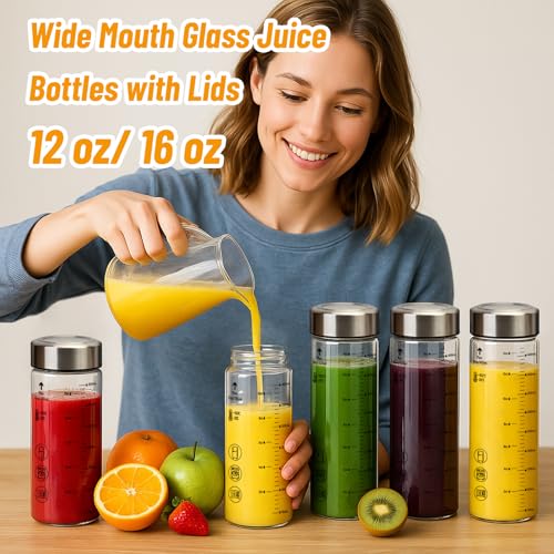 Image of Luxfuel 16 oz Glass Juice Bottles with Lids, 6 Pack Wide Mouth Borosilicate Glass Bottles with Stainless Steel Lids, Heat-Resistant, Leakproof & Reusable for Juicing, Smoothies, Milk, Water, BPA-Free