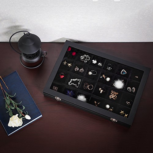 SONGMICS Schmuckladen, 2er Set, Schmuckschatullen mit 24 Fächern, Schmuck-Organizer mit Samtfutter, Glasdeckel und Verschluss, Geschenkidee, 35 x 24 x 4,3 cm, schwarz JDS309BK