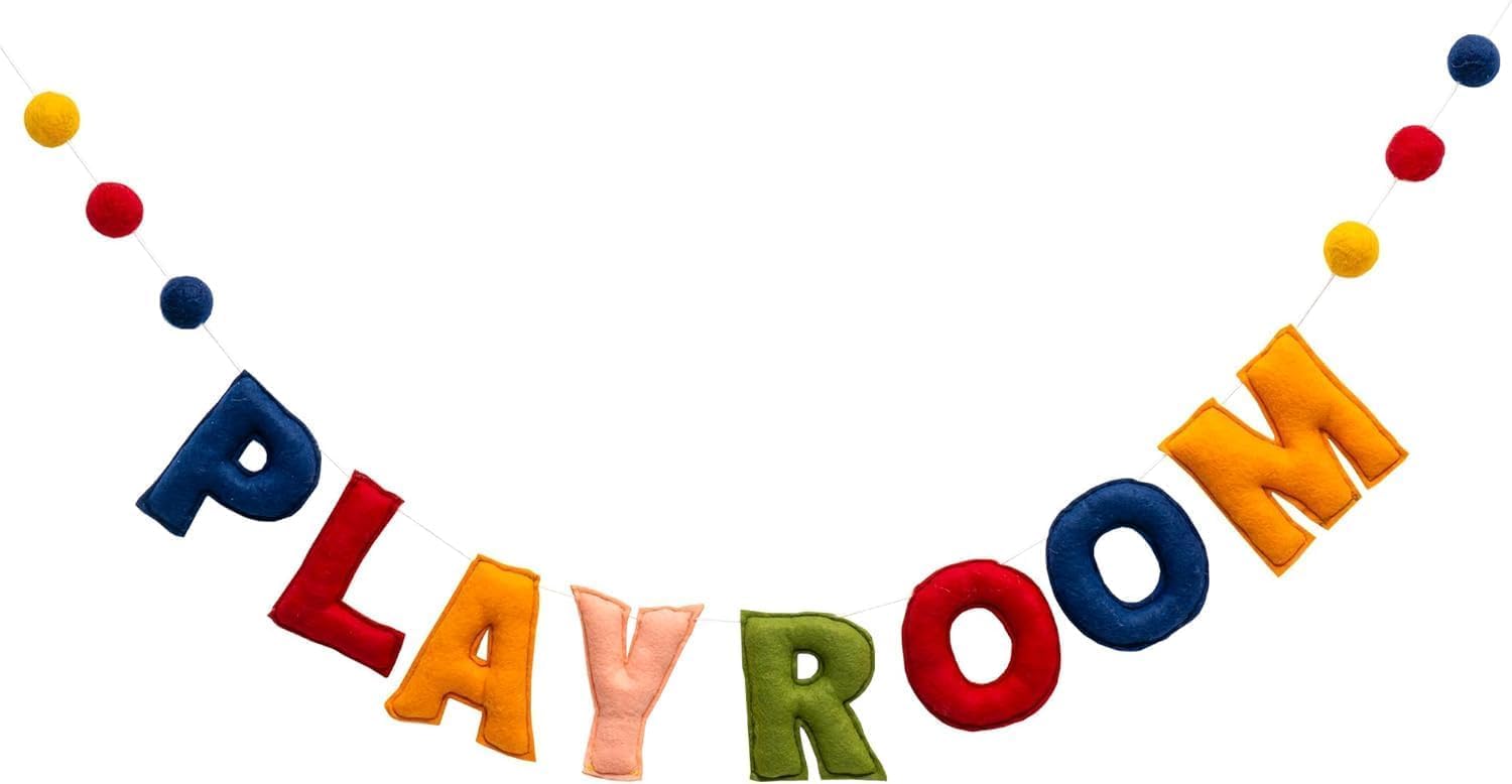Pre-strung Felt Playroom Banner, Reusable play sign, Boho Playroom Wall Decor, Wool Felt Ball Garland, 3D Effect Play room Sign Wall Letters for Playrooms Nursery Room Decoration — image 1