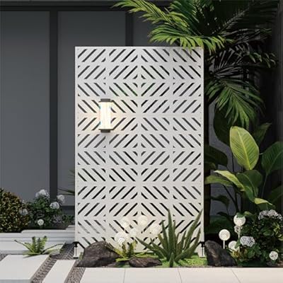 Heavy-Duty Outdoor Privacy Screen for Patio, Balcony, Backyard - 72" H * 44" W Metal Room Divider with Geometric Pattern, Anti-Tipping Kit, Weather Resistant, Easy Assembly (White-FGXPF)