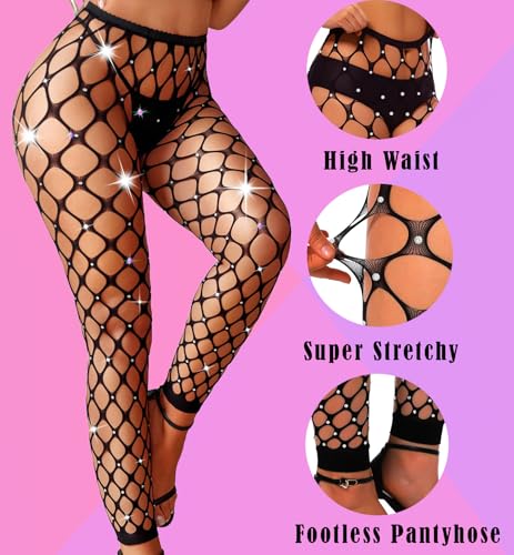 Women's High Waist Sparkle Rhinestone Tights Footless Fishnet Stockings Sexy Big Mesh Lingerie Pants3