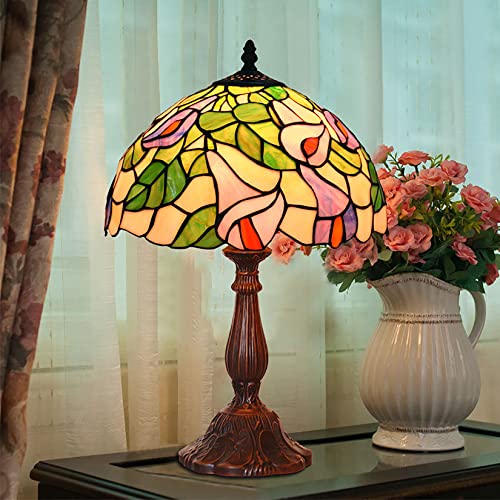 GDXH Pastoral Morning Glory Green Leaves Tischlampe Schlafzimmer Nachttischlampe, 12 Zoll Tiffany Style Pink White Buntglasschirm Schreibtischlampe mit Legierungssockel Cover