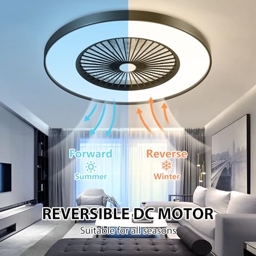 24" Low Profile Ceiling Fan with Light, Bladeless Ceiling Fan with with Alexa, Remote/APP/Voice Control, Modern Flush Mount Ceiling Fans Dimmable Color Chaning LED-RGB Ambient Light Black