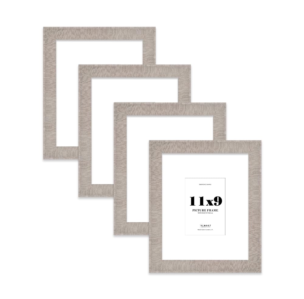 11x9" Grey Picture Frame with A6 Mount - Shabby Chic Photo Frame with Distressed Finish, Wall Hooks and Kickstand, 32mm Edge - 4 Pack