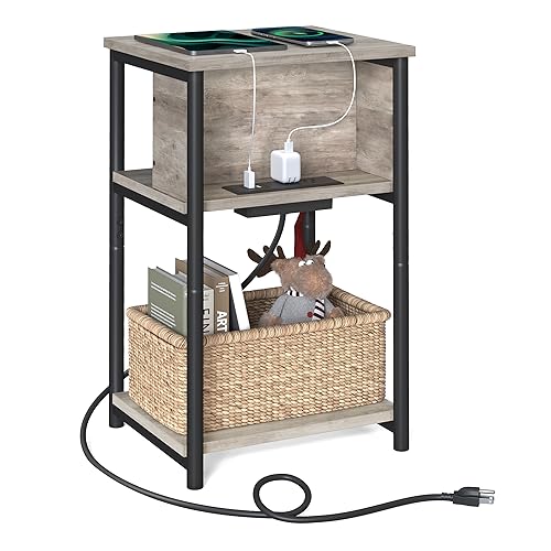VASAGLE Side Table with Charging Station, 3-Tier End Table with USB Ports and Outlets, Nightstand...