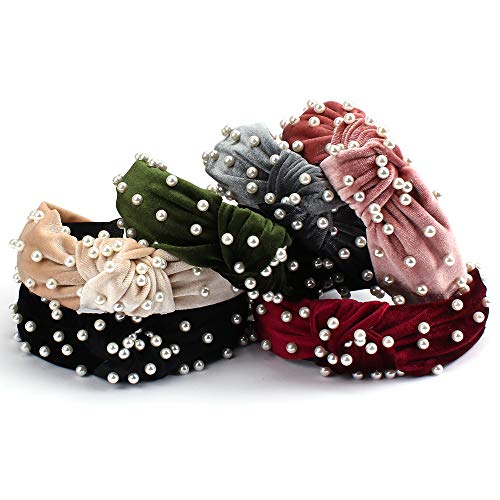 Pearl headbands for Women Girls, 6 Pack Knot Velvet Headbands, Black Red Headbands with Pearl, Fashion Hair Bands Accessories Wide Headbands Vintage Hair Hoops,Styling Hair Accessories Headwear