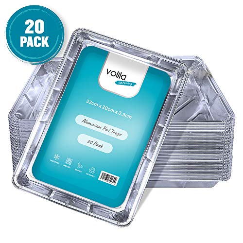 Disposable Foil Trays Aluminium Foil Large Containers for Baking, Cooking, Freezing and Storing Trays - 32cm x 20cm x 3.3cm - (20 Pack)