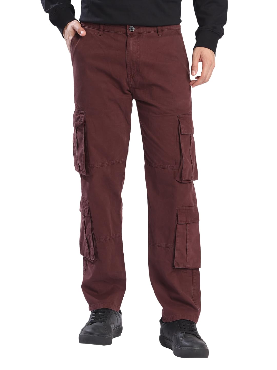 bene kleed Men's Solid Cotton Cargo Trousers | Classic Style | Full Length | Relaxed Fit | (BOMGT359X-FW0004-C120_Red_36)-picture-14