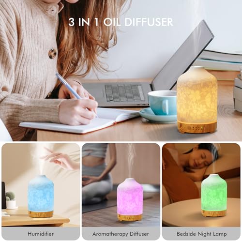 Essential Oil Diffuser Electric Ceramic Aromatherapy Oil Diffuser Ultrasonic Elegant Floral 150ml with Wood Grain Base, 7 Colors LED Light, Perfect for Home, Office, Yoga, and Gifts - Image 5