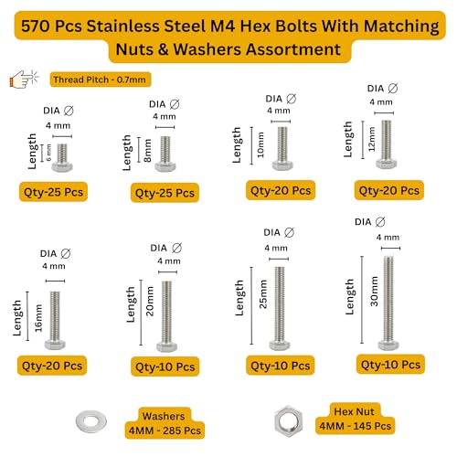 Image of Metric M4 Stainless Alloy Steel 202 Grade Full Threaded Hex Bolts Nuts and Washer Assortment Kit Set with Storage Box Pack of 570 Pcs