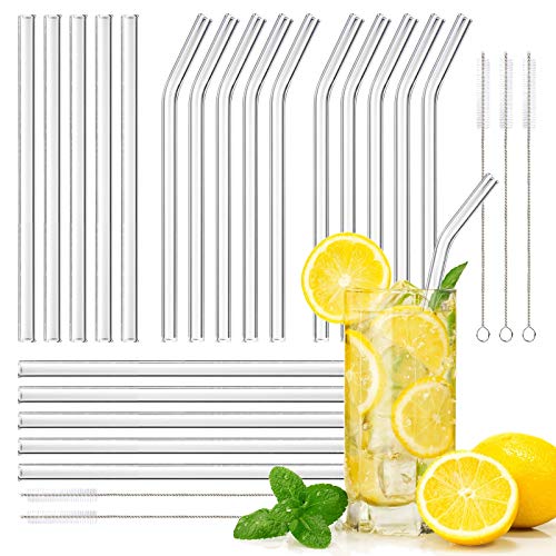 Glass Straws Reusable, 25 Pcs Transparent Drinking Straw, 10 Straight and 10 Curved Glass Straws with 5 Cleaning Brushes for Smoothies Milkshake and Cocktail Straws