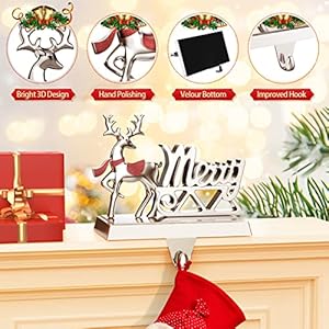 Merry Christmas Stocking Holders Set of 2 Christmas Reindeer Mantle Stocking Hangers Weighted Shiny Silver Metal Deer Home Holiday Decor