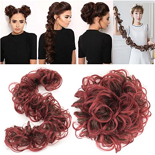 IMISSU Large Size Hairpiece Curly Messy Hair Bun Wrap Scrunchies Elastic Hair Band Donut Updo Chignon Hair Extension Piece for Women Girl (Brown Burgundy) - Image 4