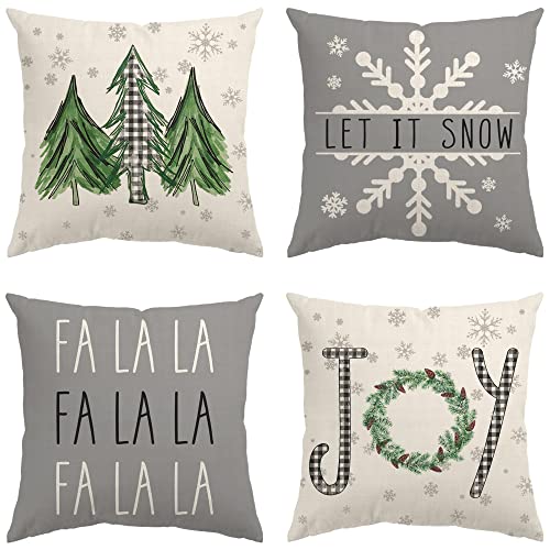 Glaring Christmas Pillow Covers 18X18 Set Of 4 Farmhouse Christmas Decorations Merry Tree Joy Let It Snow Fa La La Winter Holiday Decor Throw Cushion Case For Home Couch #TOP22