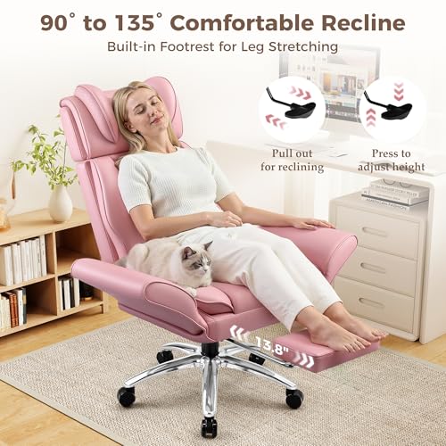 Image of Big and Tall Office Chair, Flip Armrests for Pets & Cross Legged Sitting, Ergonomic Leather Executive Desk Chair with Foot Rest, High-Back Reclining Computer Chair for Home Gaming, Peach Pink