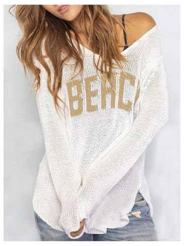 Women's Letter V Neck Beach Sweaters Long Sleeve Split Crochet Tops Knit Pullovers Cover Up2