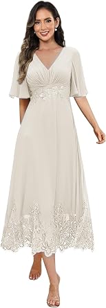 Chiffon Mother of The Bride Dresses for Women Tea Length Lace Appliques Beaded Formal Evening Gowns