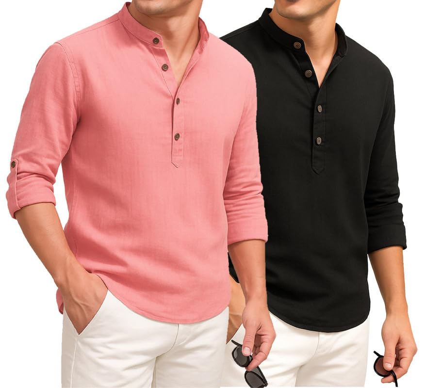 Image of DEELMO Combo of Men's Cotton Blend Solid Regular Fit Full Sleeve Short Kurta | Men's Trendy Short Kurta Pack of 2