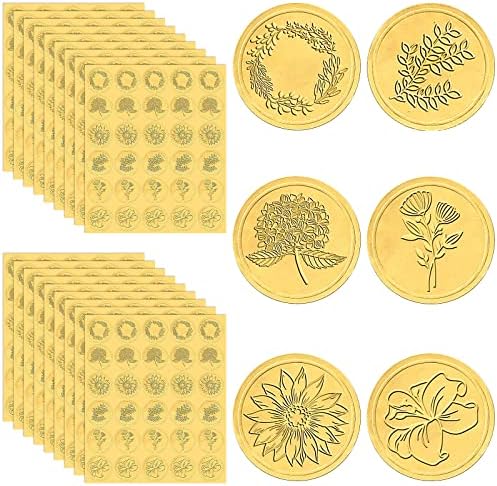 540 Pieces Gold Wax Seals Stickers Embossed Envelope Seal Stickers Gold Foil Self Adhesive Wax Stickers for Wedding Greeting Cards Invitations Party Certification, 6 Patterns (Flower)
