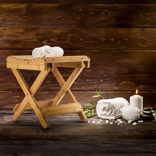 Image of Sorbus Bamboo Folding Step Stool Bench - for Shaving, Shower Foot Rest, Bath Chair - Great for Bathroom, Spa, Sauna, Wooden Seat, Fully AssembledA‚A