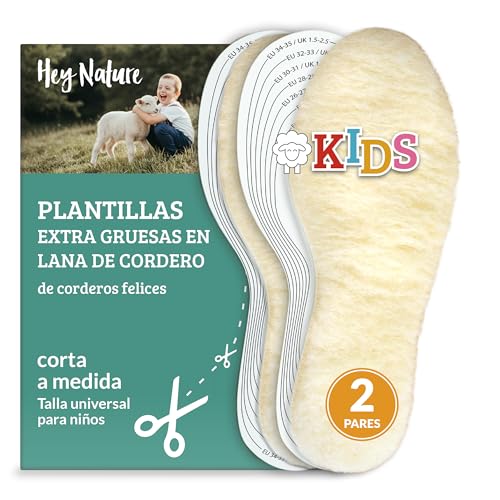 Hey Nature 2 pares plantillas niños recortables, plantillas termicas niño en lana borreguito. Calentador pies natural, plantillas termicas niño más eficiente que plantillas calefactables (Niños 22-35)