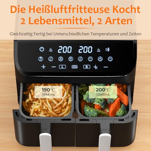 YASHE Dual Zone Heißluftfritteuse 9L XL | Gesunde Ohle Öl Kochen für Familien mit Digital Control