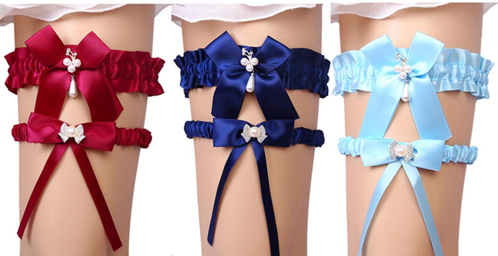 Frauen Sexy Elastische Spitze Schleife Strumpfband,Spitze Beinring Perle Strumpfband-Flacher Champagner,Spitze Hochzeit Strumpfbänder für die Braut (Marineblau)