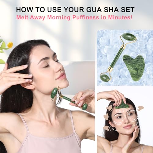 Gua Sha and Jade Roller Facial Tools for Face, Upgraded Face Roller for Wrinkles and Lifting, Face Massager and Gua Sha Set for Puffiness and Skin Care, Guasha Tool for Women and Men (Green) - Image 5