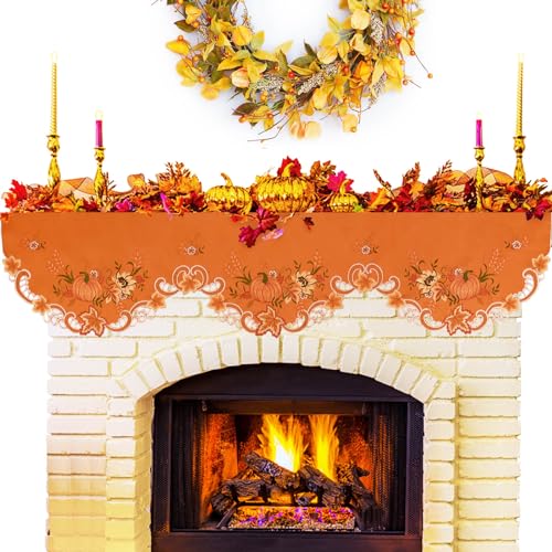 Simhomsen Embroidered Fall Autumn Harvest Pumpkins Orange Mantel Scarf Top Runner for Thanksgiving (60 x 17 inches)