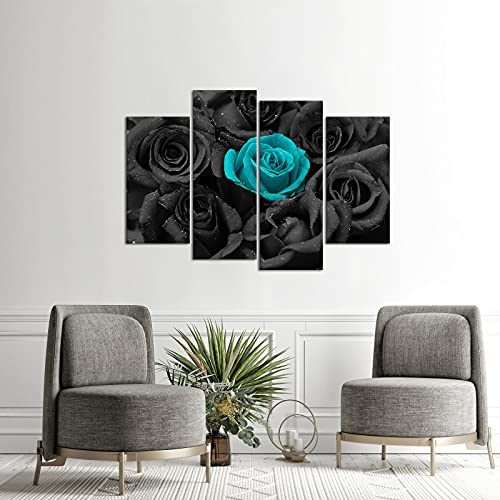 Vanseeing 4 Pieces Teal Rose Canvas Wall Art Black And White Flower Pictures For Wall Romantic Floral Painting Print On Canvas For Modern Bedroom Living Room Home Decor Stretched Framed #TOP2