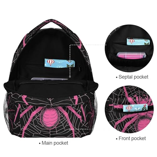 Pink Spider and Spider Web on Black Backpack Laptop Tablet Travel School Bag with Name Tag for Boys Girls Teens 6