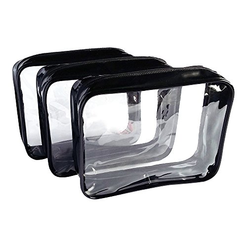 3 Pack Clear Cosmetic Bag Medium Size Travel Case Waterproof Zipper Toiletry Organizer - Black