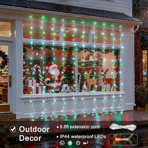 Image of JMEXSUSS 300LED Red White and Green Christmas Curtain Lights with Remote