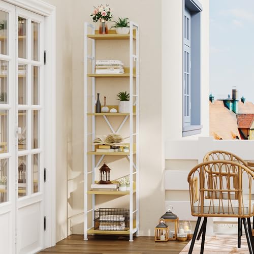 YITAHOME Bibliothèque à 6 Niveaux, étagère à Livres au Sol avec 4 Crochets, étagère en Bois et Cadre en métal, étagère Haute Industrielle, Rangement...