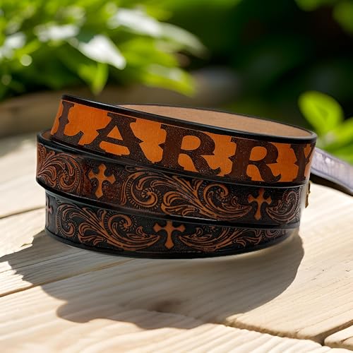 Personalized Name Western Cross Leather Belt for Men Handmade Religous Full Grain Cowboy Leather Belt 1.5” Wide3
