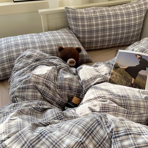 Image of mixinni Queen Duvet Cover Set - 3 Piece Vintage Buffalo Plaid Bedding, 100% Washed Cotton Duvet Cover with 2 Pillowcases, Soft & Breathable Navy Beige White Geometric Grid Pattern for All Seasons