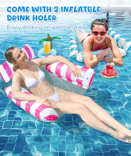 2 Pack Lilo Pool Inflatables,4 in 1 Water Hammock With 2 Drink Holders and 1 Air Pump, Cool Mesh Adult Swimming Floats Pool Toys Sofa Lounger Chair Seat Mattress for Lazy River Beach for Adults