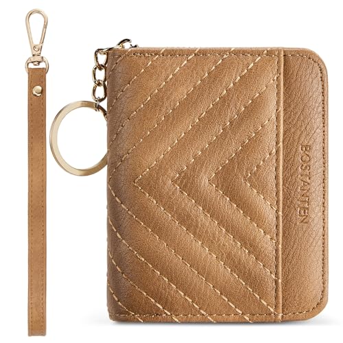 Image of BOSTANTEN Credit Card Holder Wallet RFID Blocking Leather Small Wallet for Women Zipper Keychain Wallet with Wristlet Camel