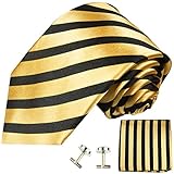 Classic Gold and Black Striped Silk Tie with Pocket Square and Cufflinks