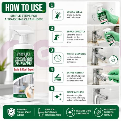 Image of NEYU Oxalic Acid Cleaner Spray for Bathroom, Toilet & Hard Water Stain Removal | Multipurpose Foam Cleaner for Tap, Tiles, Chimney Oil & Grease Remover 300ml (2 Piece)