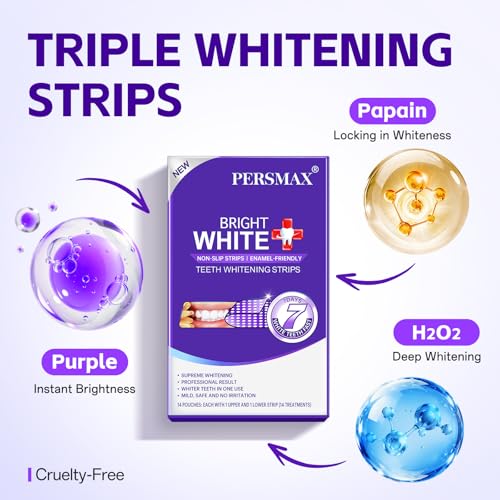 Image of PERSMAX Purple Teeth Whitening Strips, 14 Treatment, 28 Non-Slip Strips Kit | Professional Gum-Safe Formula, Pain-Free Express White in 30 Min for Sensitive Teeth, Easy to Use for Bright White Smile