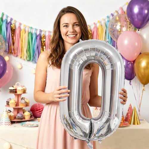 Image of Number Balloons Silver Party Balloon - Giant Number 0 Balloon, 40 Inch Large Balloon for Birthday Decorations, Silver Party Supplies for Anniversary