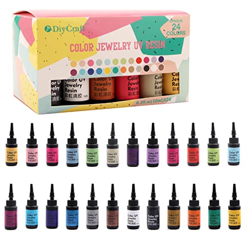 DIYcraft Colored UV Resin - 24 Colors (TG-24Colors) UV Curing Resin Glue for Small Molds, Jewelry Making - Earrings, Rings, Keychains - 10ml Each