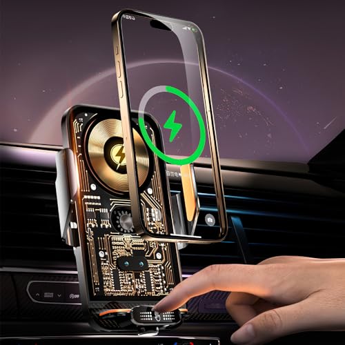 OBEST Cargador Inalámbrico Coche Navegador Soporte para Teléfono Móvil Inducción Infrarrojos 15W Carga y 2 Adaptadores Magnéticos Compatible con Todos Los Teléfonos Móviles