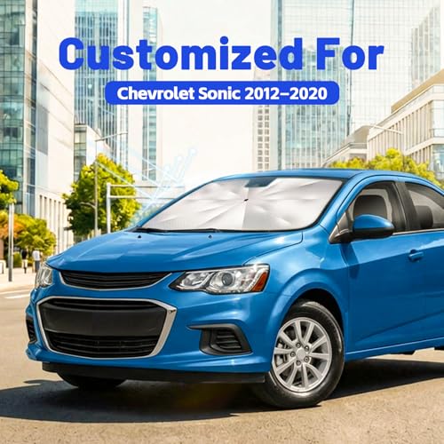 Image of Car Windshield Sun Shade for Chevrolet Sonic 2012-2020 - Reflective Coated Fabric Sunshade Umbrella for Front Window, UV Protection Heat Shield Sun Blocker Heat Reflector, 1:1 Exact Fit Keep Car Cool