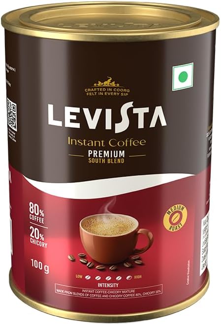 Levista Premium Instant Coffee (Can) (100 Grams) | Premium Blend of 80% Coffee & 20% Chicory| Caffeine Coffee with Rich Bold Flavour for an Energising Experience
