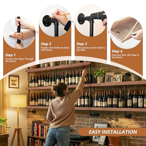 Image of Bar Shelves, Wall Mounted Wine Rack, Weathered Brown, 48 Inch with LED | 2 Tier, Industrial, Solid pine shelves, black pipe brackets, 50 lbs per shelf, wine, liquor, bar decor, with LED light
